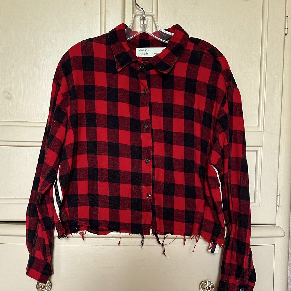 Vintage Havana Cropped Checked Red and Black Flannel Size Small